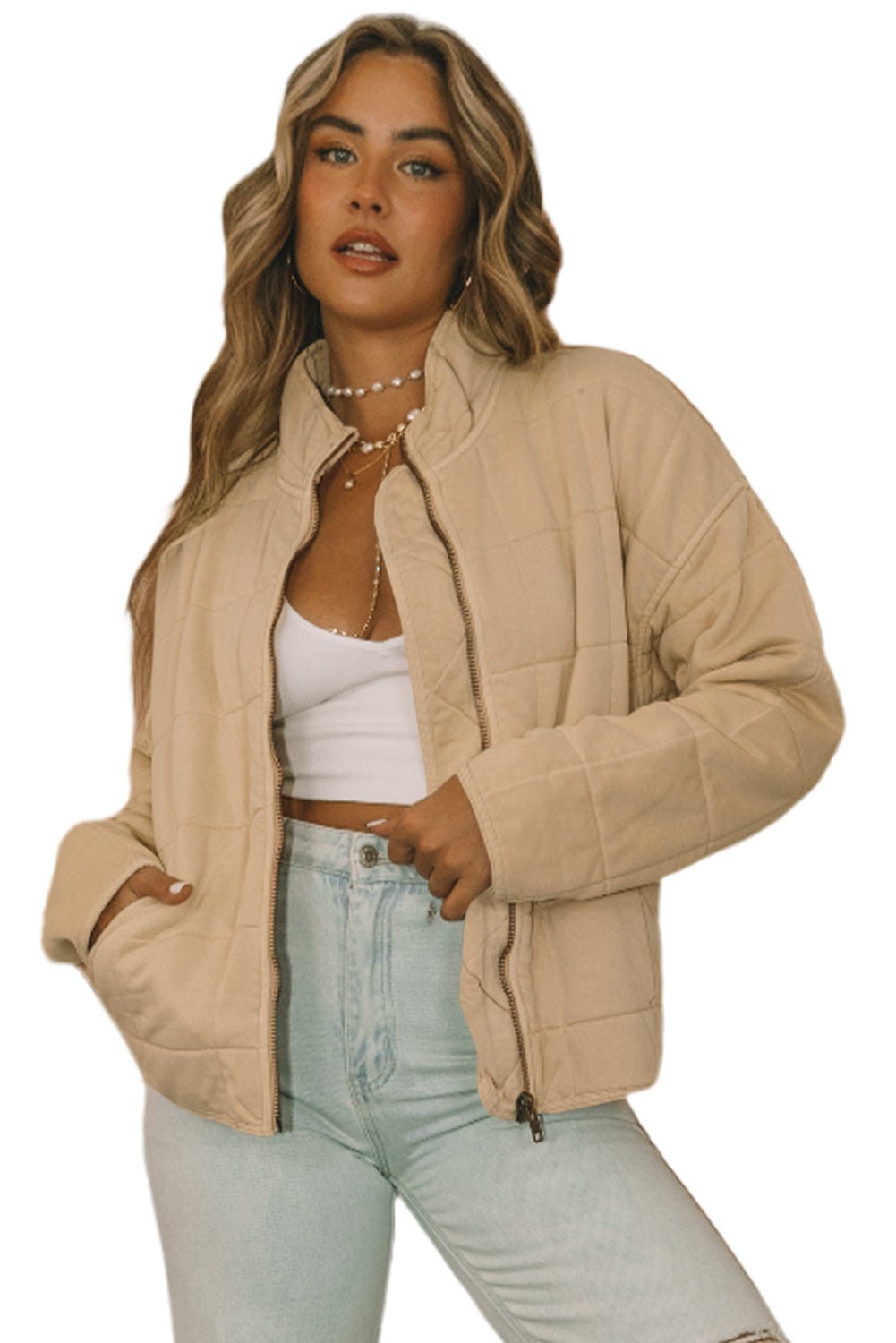 Khaki Zip-Up Pocket Quilted Jacket - Blu Pepper Boutique