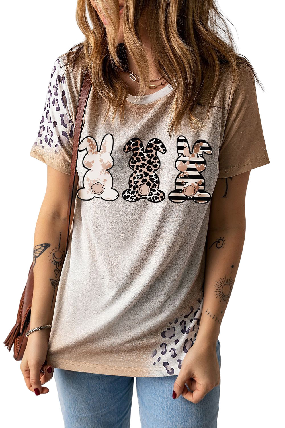 Khaki Easter Bunny Leopard Bleached Print Graphic Tee
