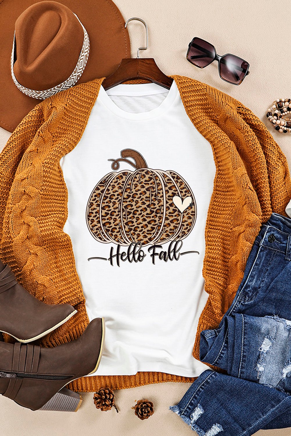 White Hello Fall Leopard Pumpkin Graphic T Shirt - Blu Pepper Boutique