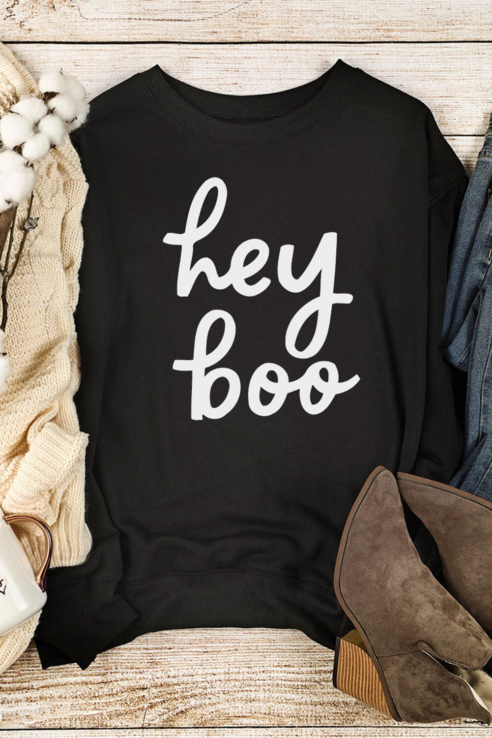 Black Hey Boo Letter Print Long Sleeve Pullover Sweatshirt - Blu Pepper Boutique