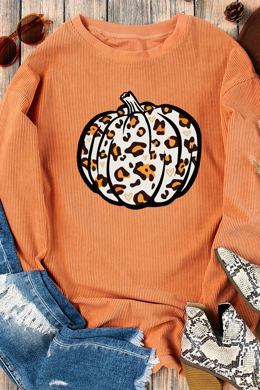 Orange Leopard Pumpkin Graphic Corded Sweatshirt - Blu Pepper Boutique