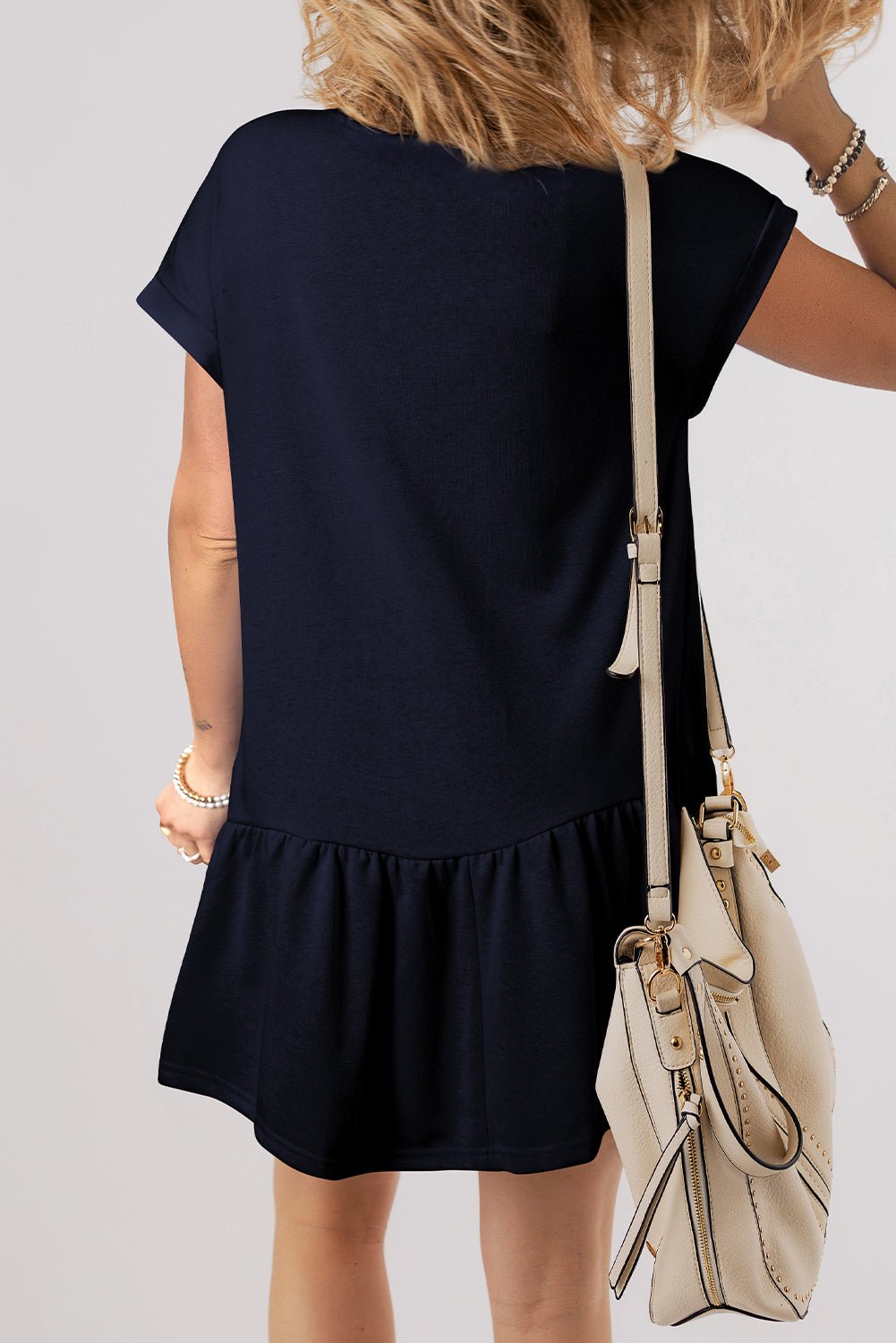 Navy Blue Solid Color Cap Sleeve Ruffle Hem Casual Short Dress - Blu Pepper Boutique