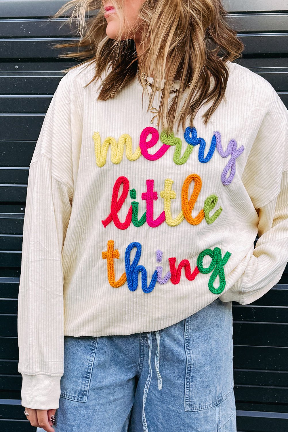 Beige merry little thing Corded Letter Graphic Ribbed Loose Sweatshirt - Blu Pepper Boutique