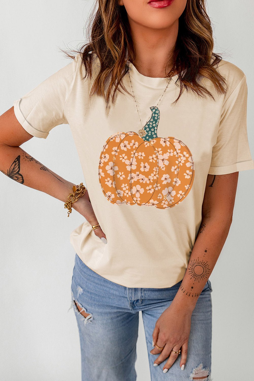 Khaki Sweet Floral Pumpkin Graphic Tee - Blu Pepper Boutique