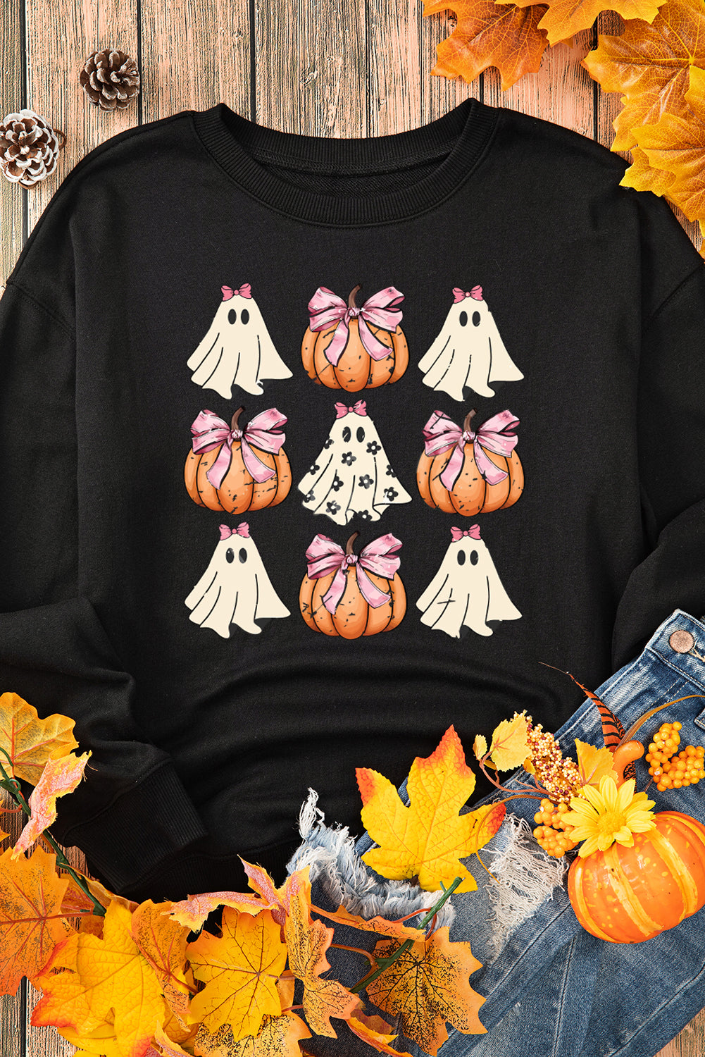 Black Halloween Bowknot Ghost Pumpkin Graphic Crewneck Sweatshirt