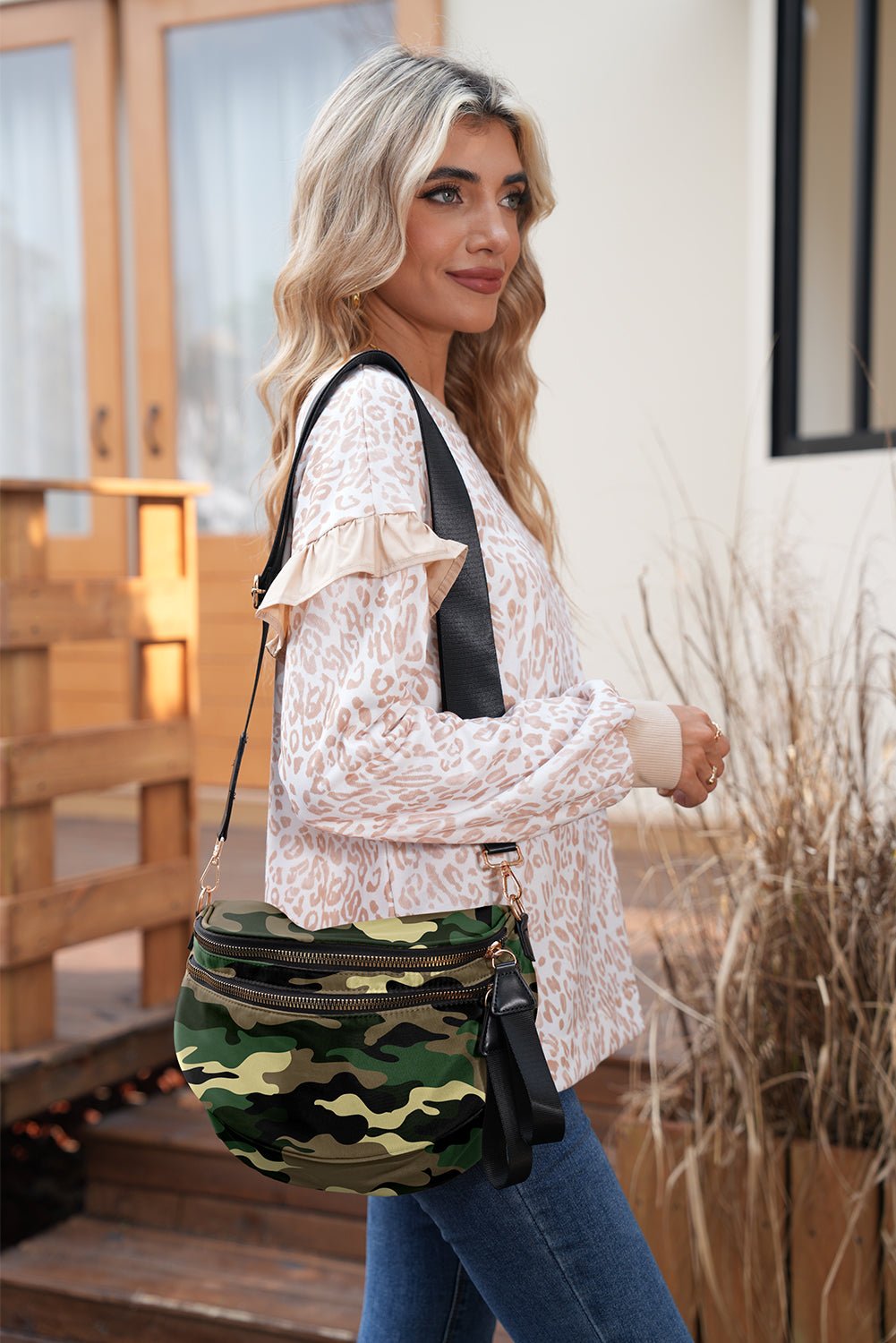 Four Camouflage Print Double Zip Fashion Crossbody Bag - Blu Pepper Boutique