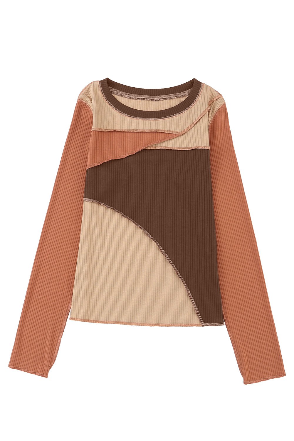 Brown Expose Seam Color Block Ribbed Knit Top - Blu Pepper Boutique