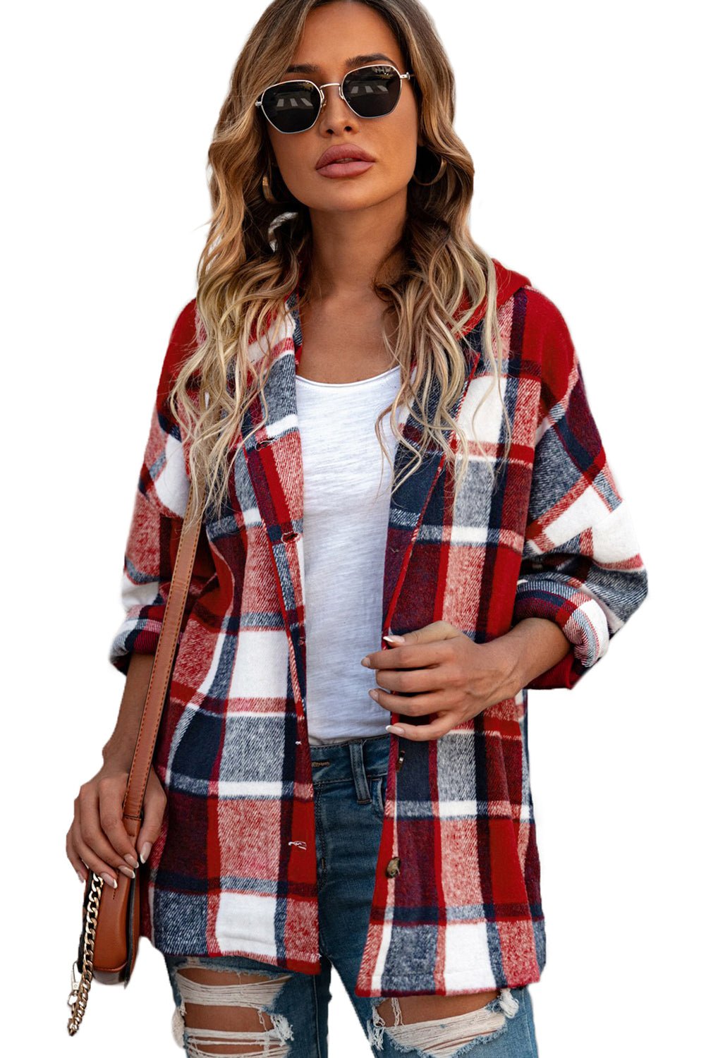 Red Hooded Plaid Button Front Shacket - Blu Pepper Boutique