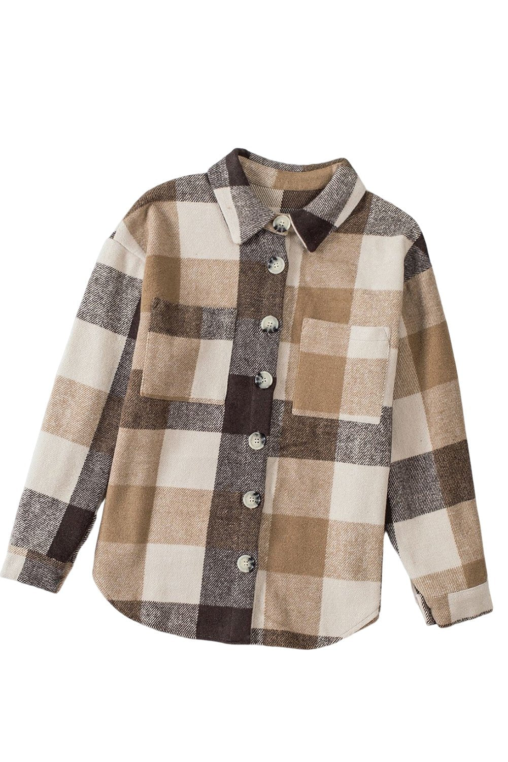 Khaki Plaid Color Block Buttoned Long Sleeve Jacket with Pocket - Blu Pepper Boutique
