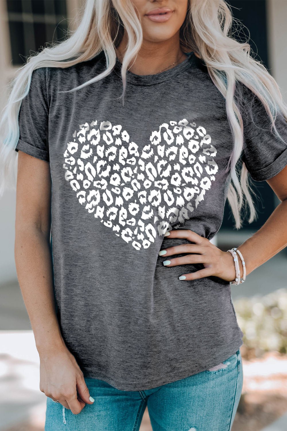 Gray Leopard Kiss Print Valentines Heart Graphic Tee - Blu Pepper Boutique