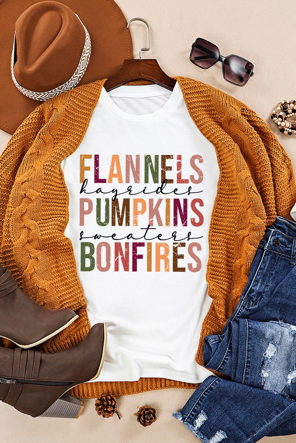 White FLANNELS PUMPKINS BONFIRES Crewneck Graphic Tee - Blu Pepper Boutique