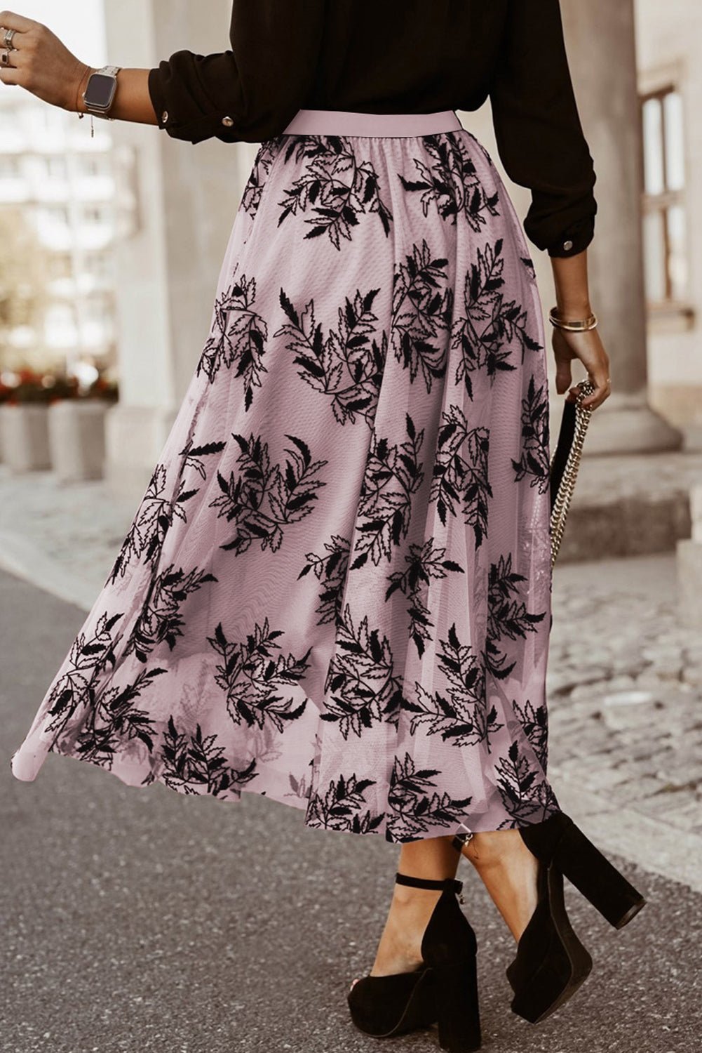 Peach Blossom Floral Leaves Embroidered High Waist Maxi Skirt - Blu Pepper Boutique
