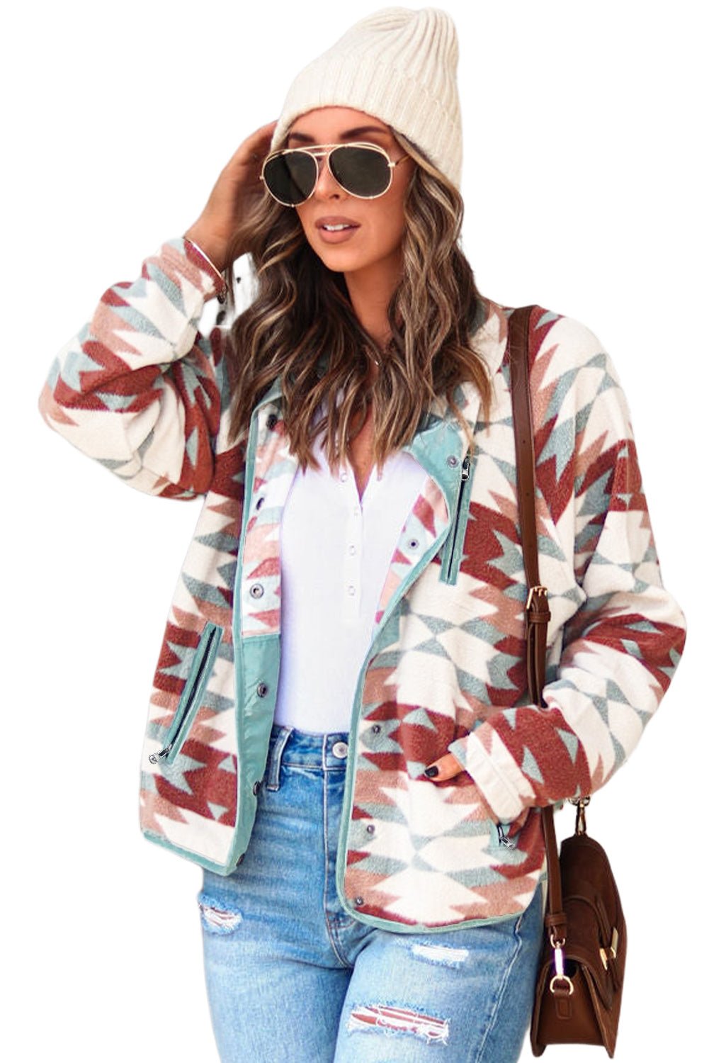 Red Western Aztec Buttoned Zipper Pockets Fleece Jacket - Blu Pepper Boutique