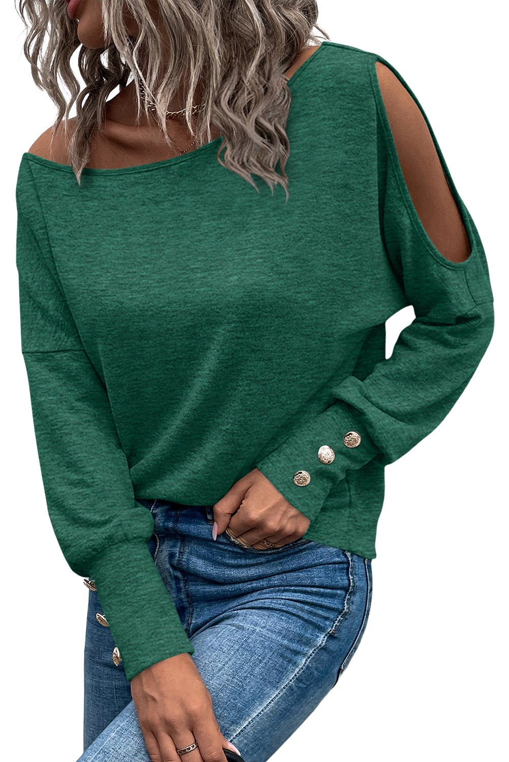 Green Asymmetrical Cut Out Buttoned Long Sleeve Top - Blu Pepper Boutique