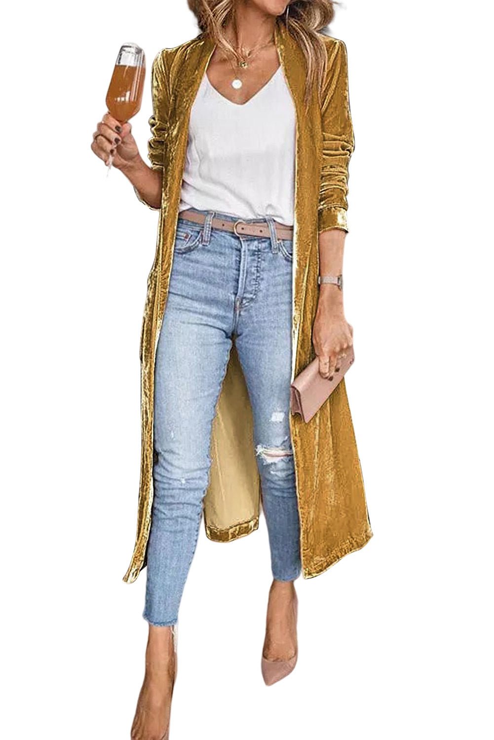 Yellow Velvet Open Front Pocketed Long Duster - Blu Pepper Boutique