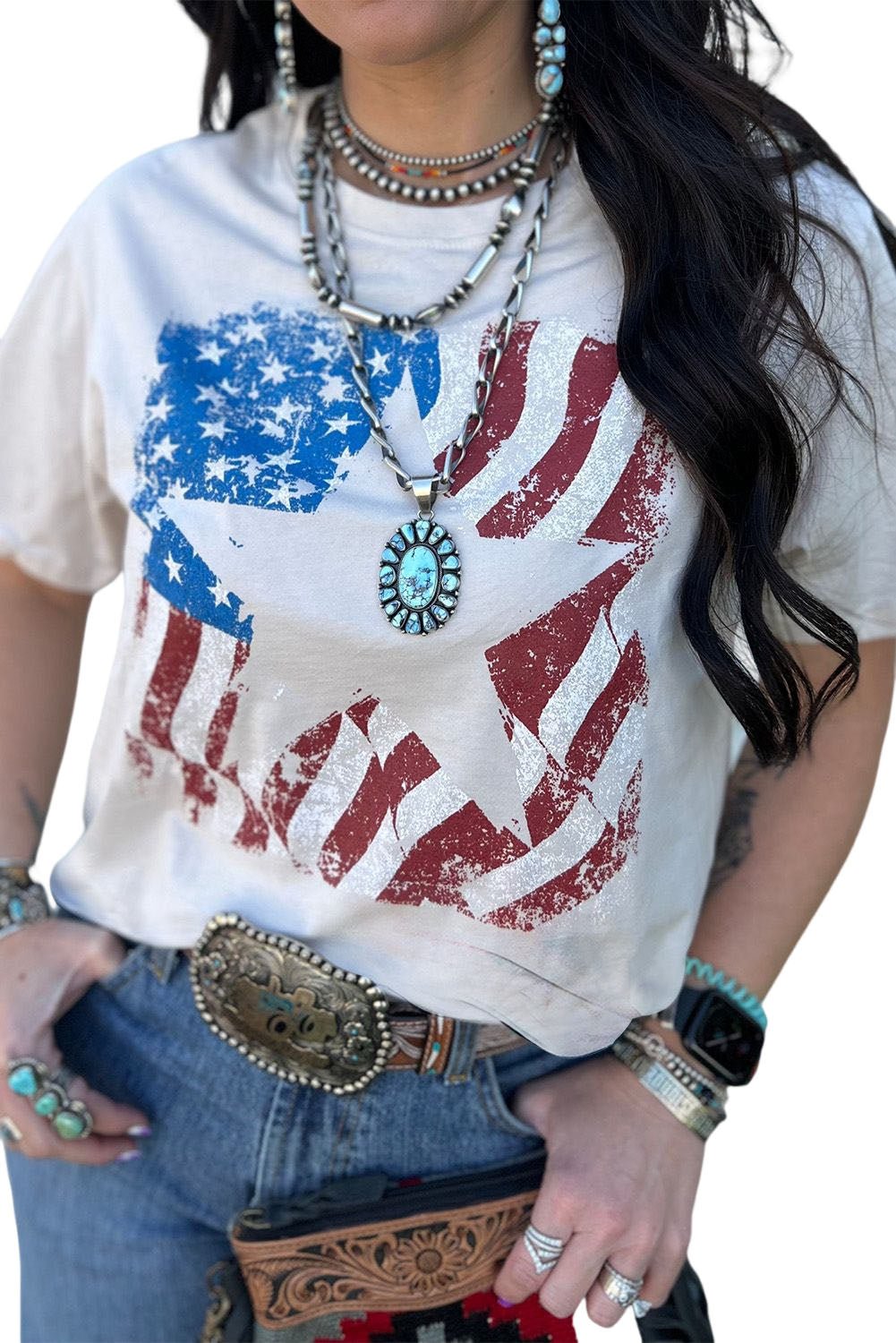 White American Flag Star Graphic Crew Neck T Shirt - Blu Pepper Boutique