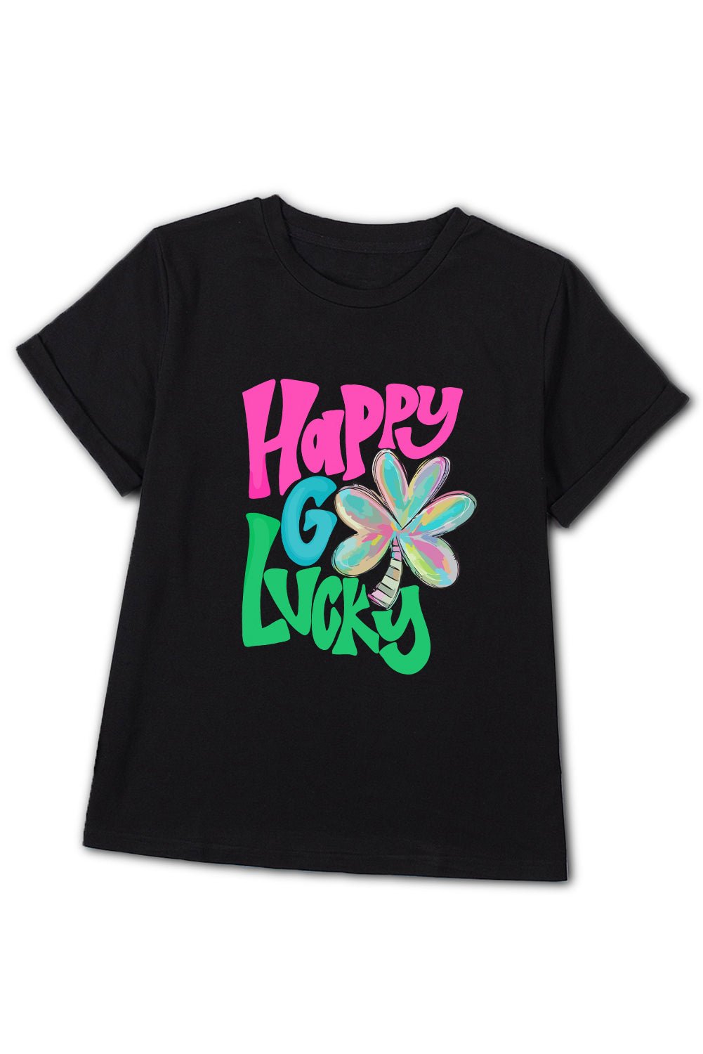Black Happy GO Lucky Clover Print Crew Neck T Shirt - Blu Pepper Boutique