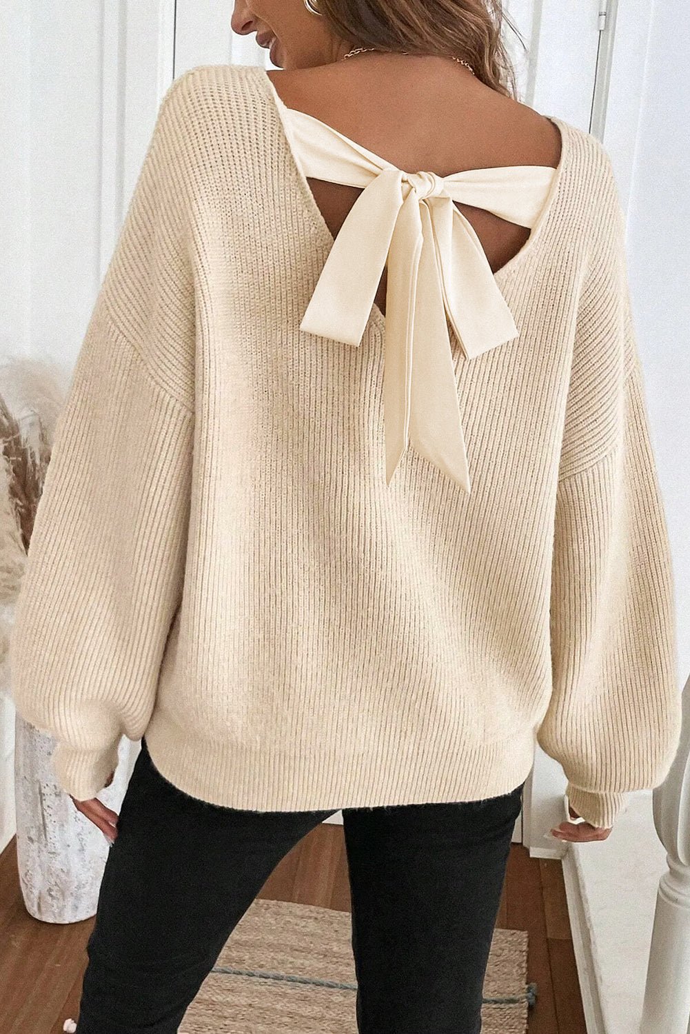 Jet Stream Ribbed Knit Ribbon Knot Backless Drop Shoulder Sweater - Blu Pepper Boutique