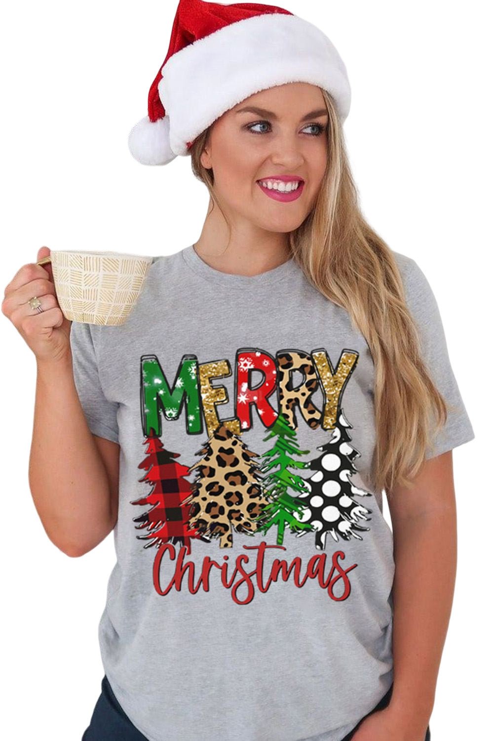 Gray Merry Christmas Tree Pattern Print Crew Neck Graphic Tee - Blu Pepper Boutique