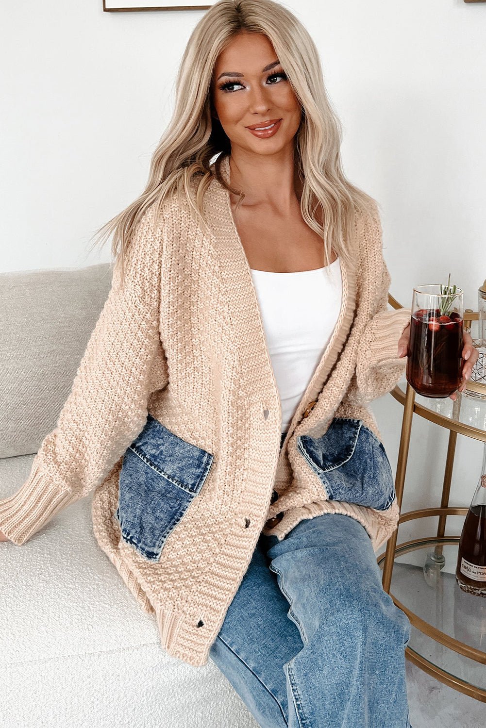Smoke Gray Open Front Knitted Denim Pocket Patchwork Cardigan - Blu Pepper Boutique