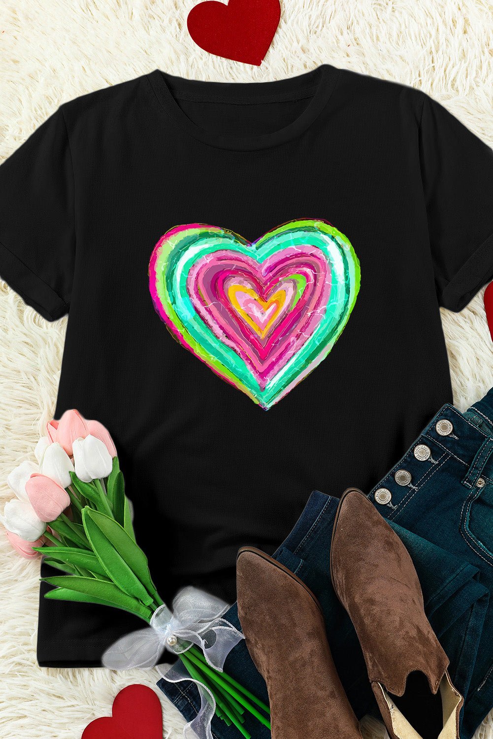 Black Valentine Heart Shaped Print Crew Neck T Shirt - Blu Pepper Boutique