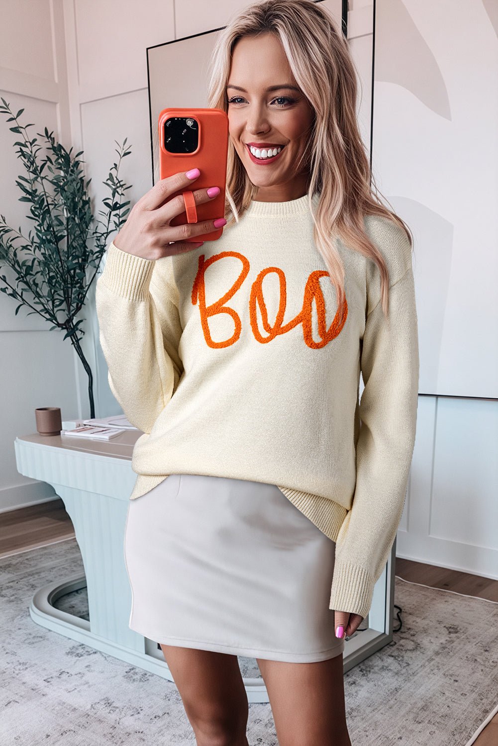 Apricot Boo Knitted Pattern Ribbed Edge Drop Shoulder Sweater - Blu Pepper Boutique