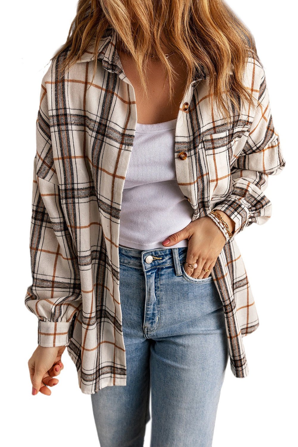 White Oversized Plaid Pattern Shacket with Slits - Blu Pepper Boutique