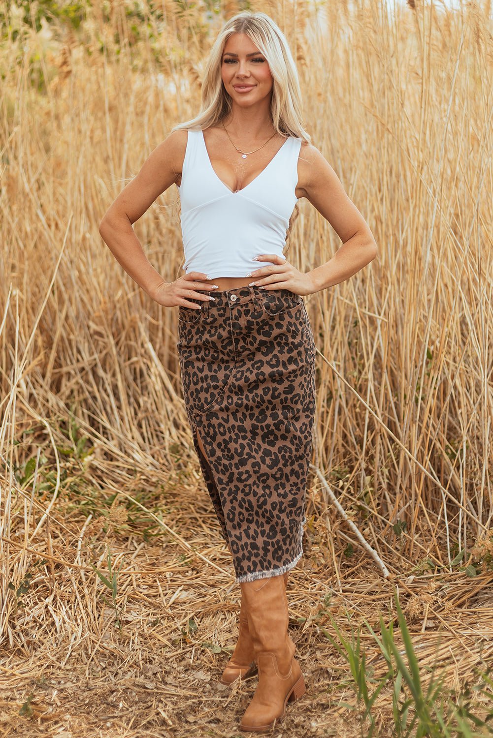 Brown Leopard Print Side Split Frayed Hem Denim Midi Skirt - Blu Pepper Boutique
