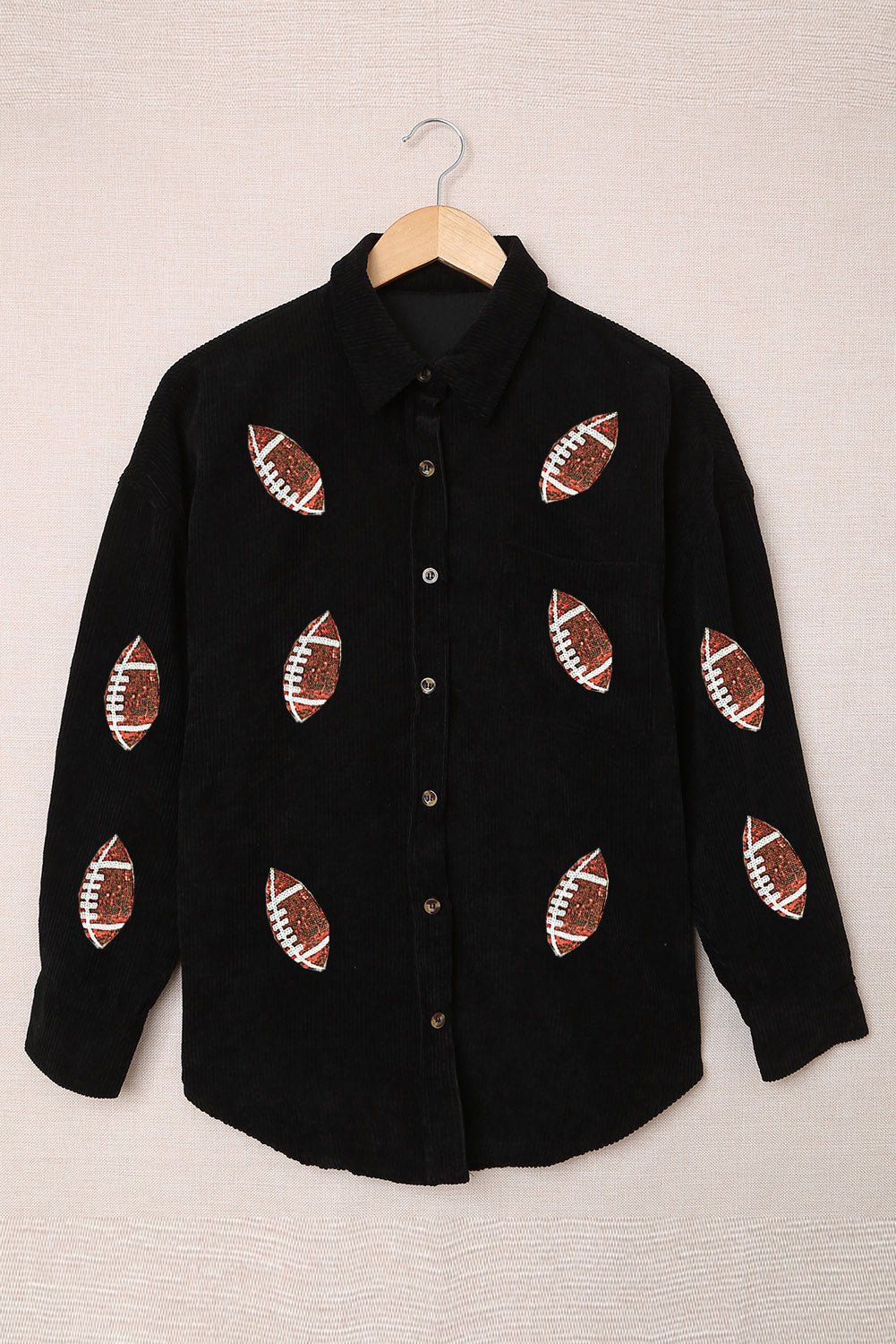 Black Sequin Rugby Pattern Buttoned Corduroy Shacket - Blu Pepper Boutique