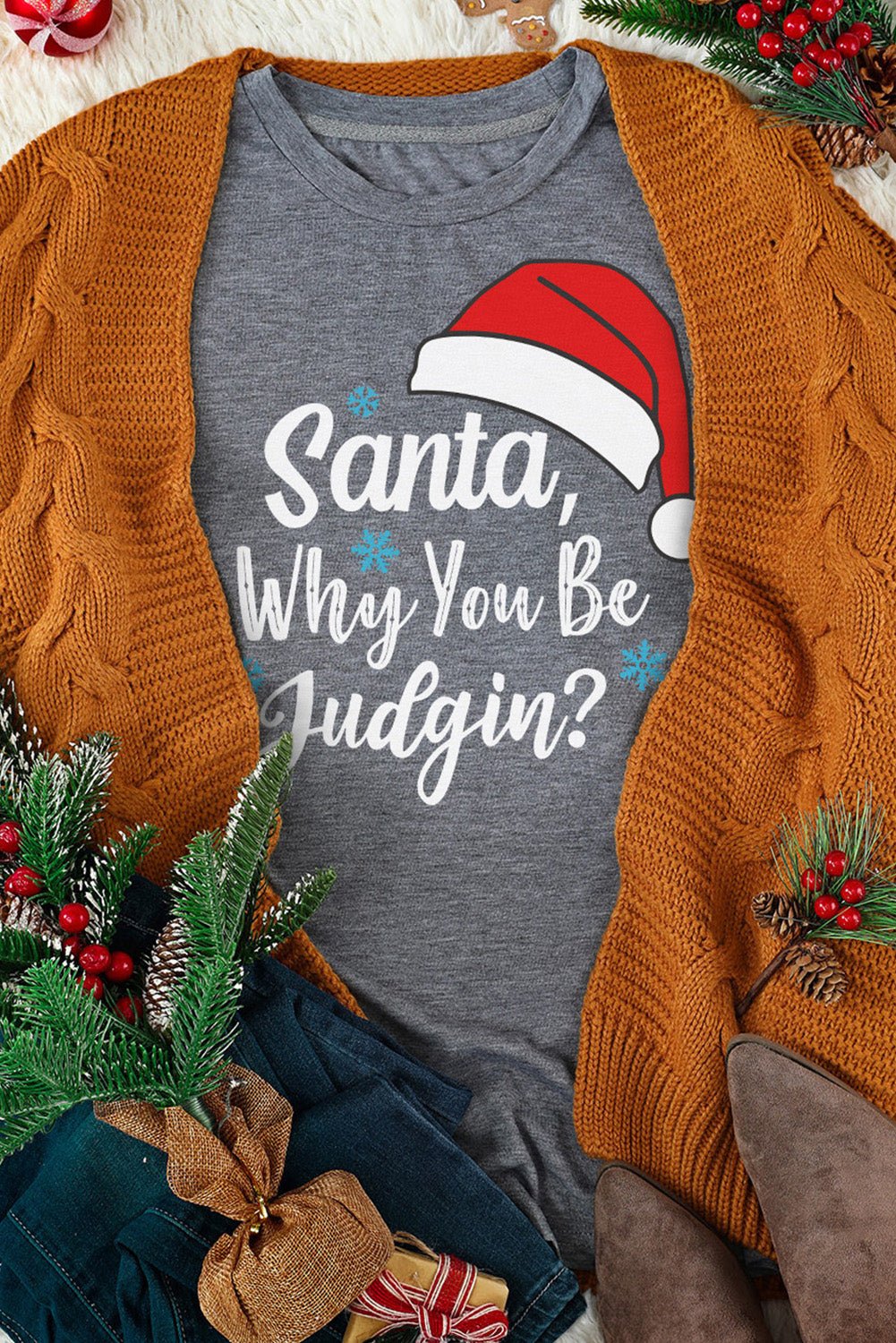 Gray Christmas Santa Hat Snowflake Slogan Graphic Tee - Blu Pepper Boutique