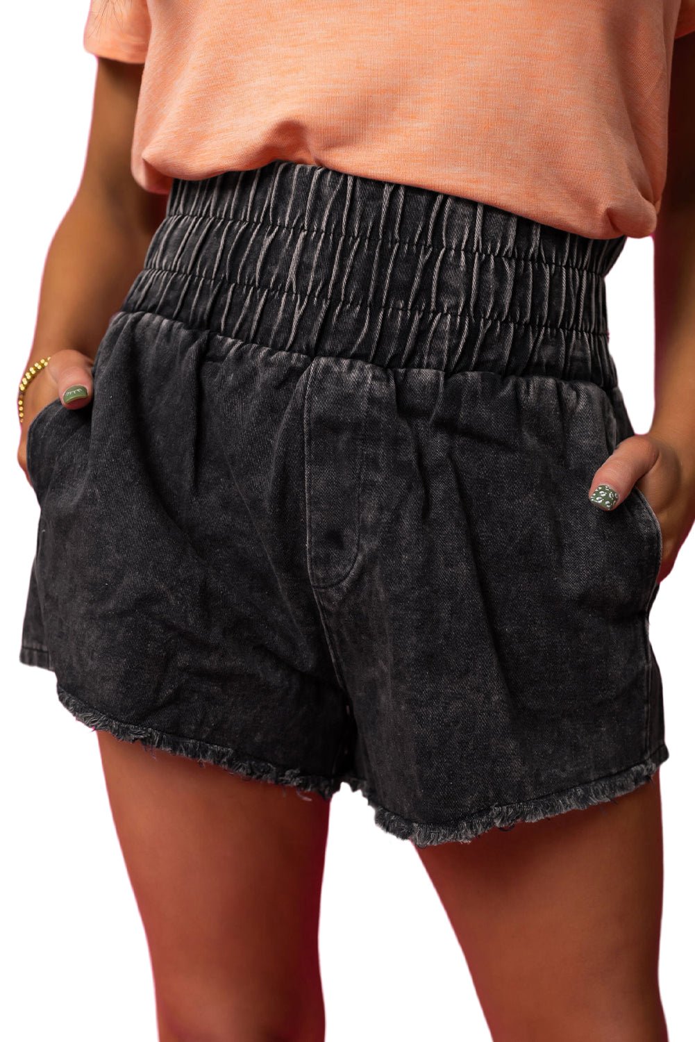 Black Smocked High Waist Mineral Washed Jean Shorts - Blu Pepper Boutique