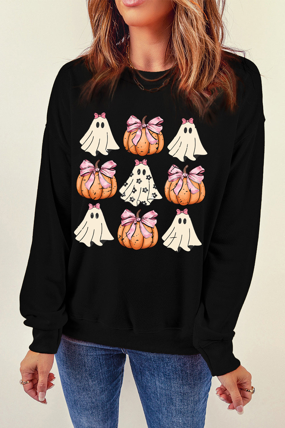 Black Halloween Bowknot Ghost Pumpkin Graphic Crewneck Sweatshirt