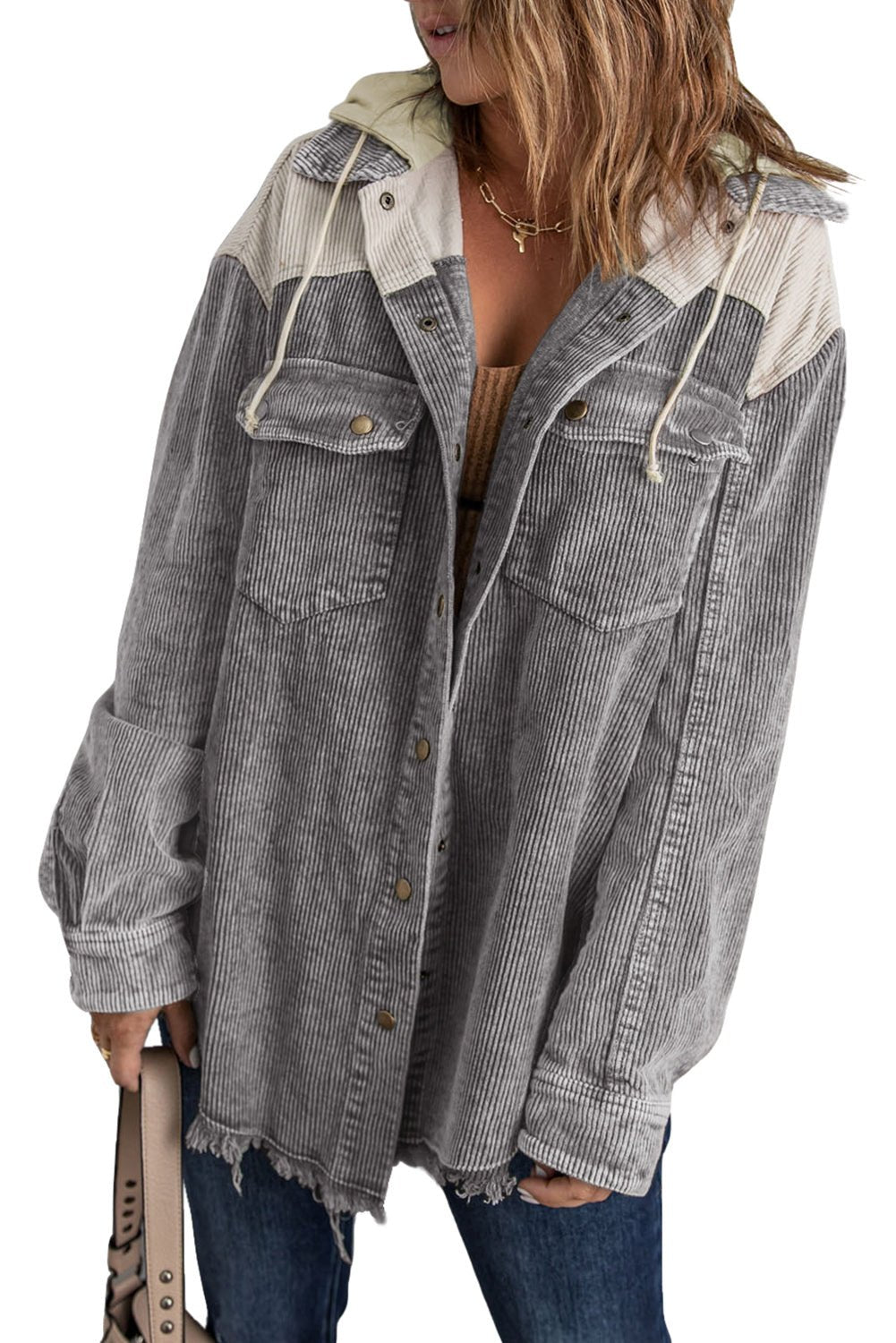 Gray Color Block Button Down Hooded Corduroy Jacket - Blu Pepper Boutique