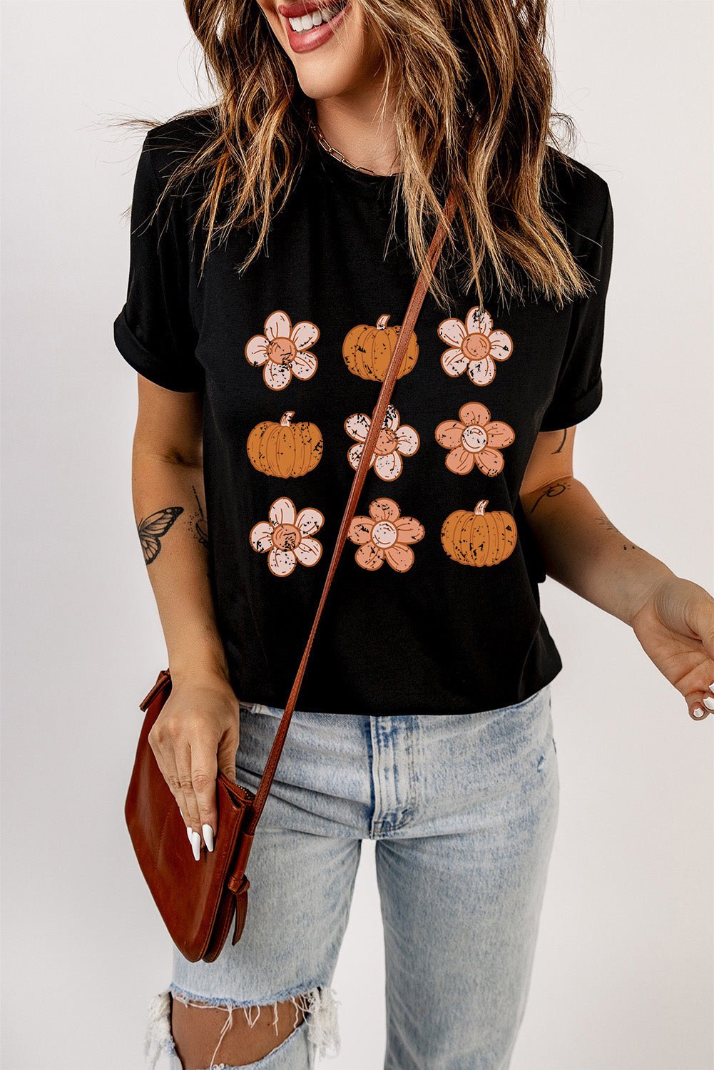 Black Pumpkin Flower Print Short Sleeve Graphic Top - Blu Pepper Boutique