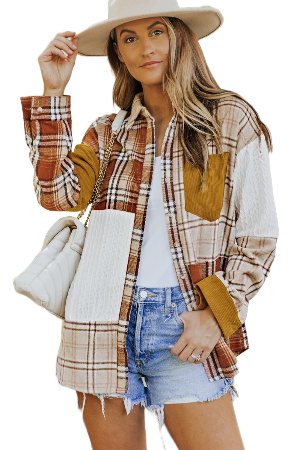 Orange Plaid Color Block Patchwork Shirt Jacket with Pocket - Blu Pepper Boutique