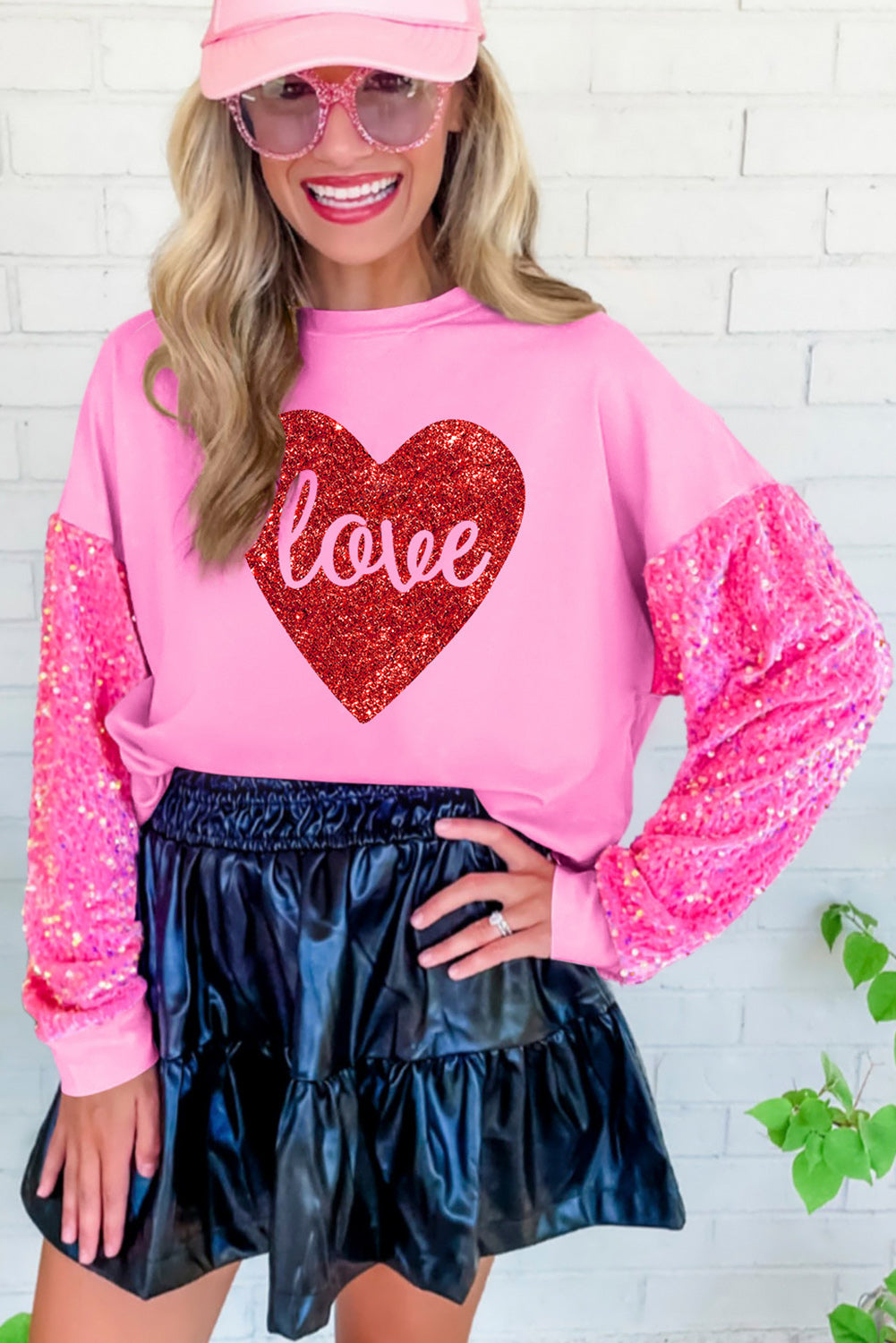 Pink Shiny Heart Shape love Print Sequined Sleeve Top