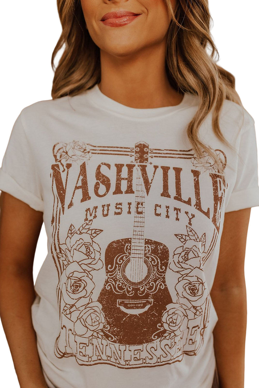 White NASHVILLE MUSIC CITY Graphic Crew Neck Tee