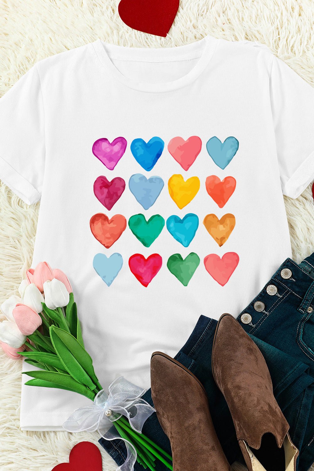 White Colorful Heart Shaped Print Crew Neck T Shirt - Blu Pepper Boutique