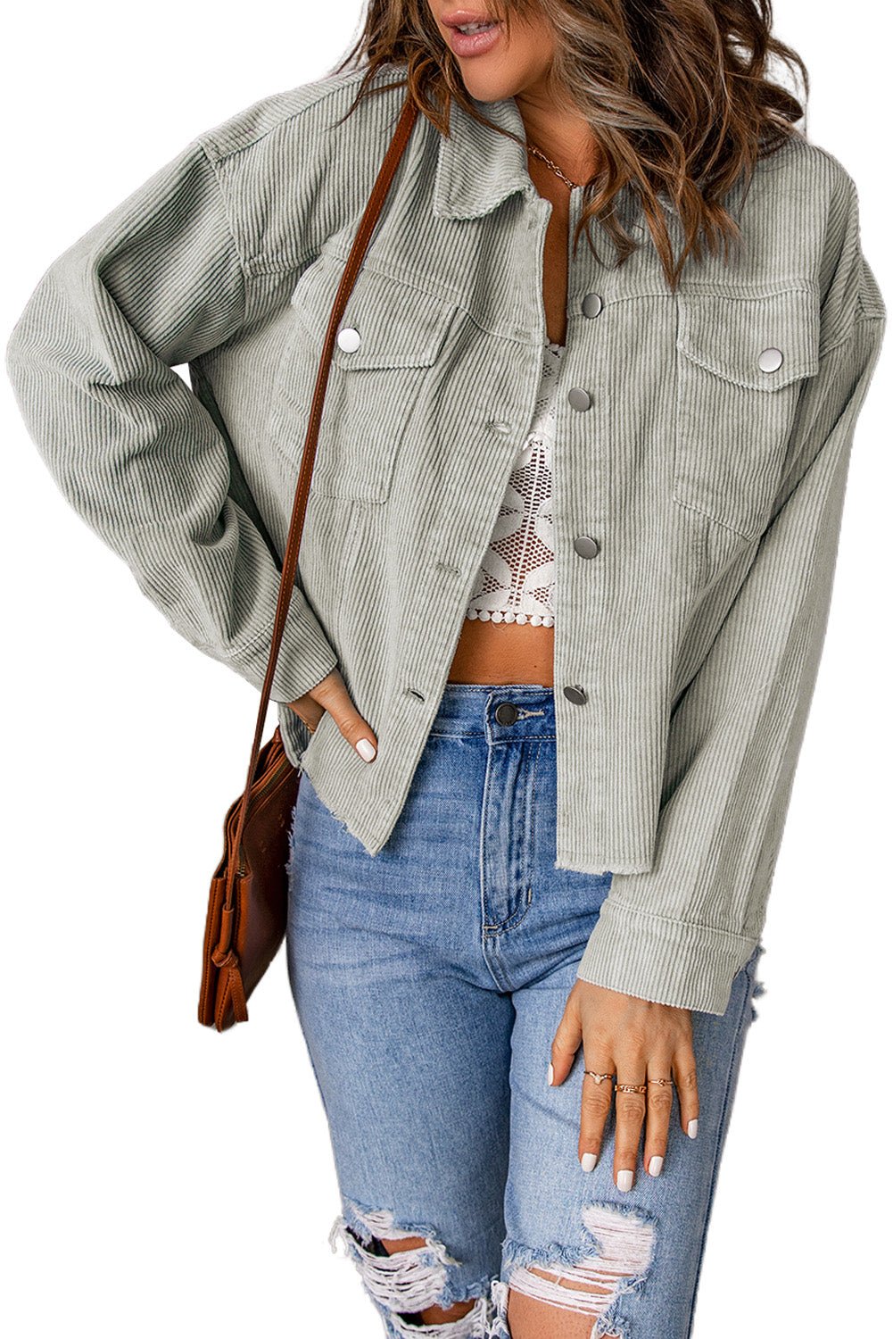 Sky Blue Raw Hem Flap Pockets Cropped Corduroy Jacket - Blu Pepper Boutique