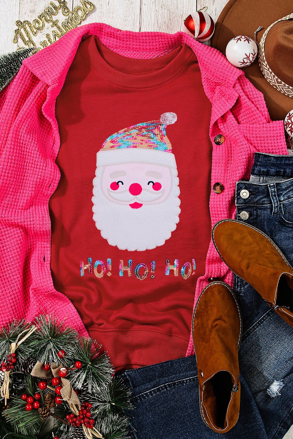 Fiery Red HO HO HO Sequined Santa Claus Sweatshirt - Blu Pepper Boutique
