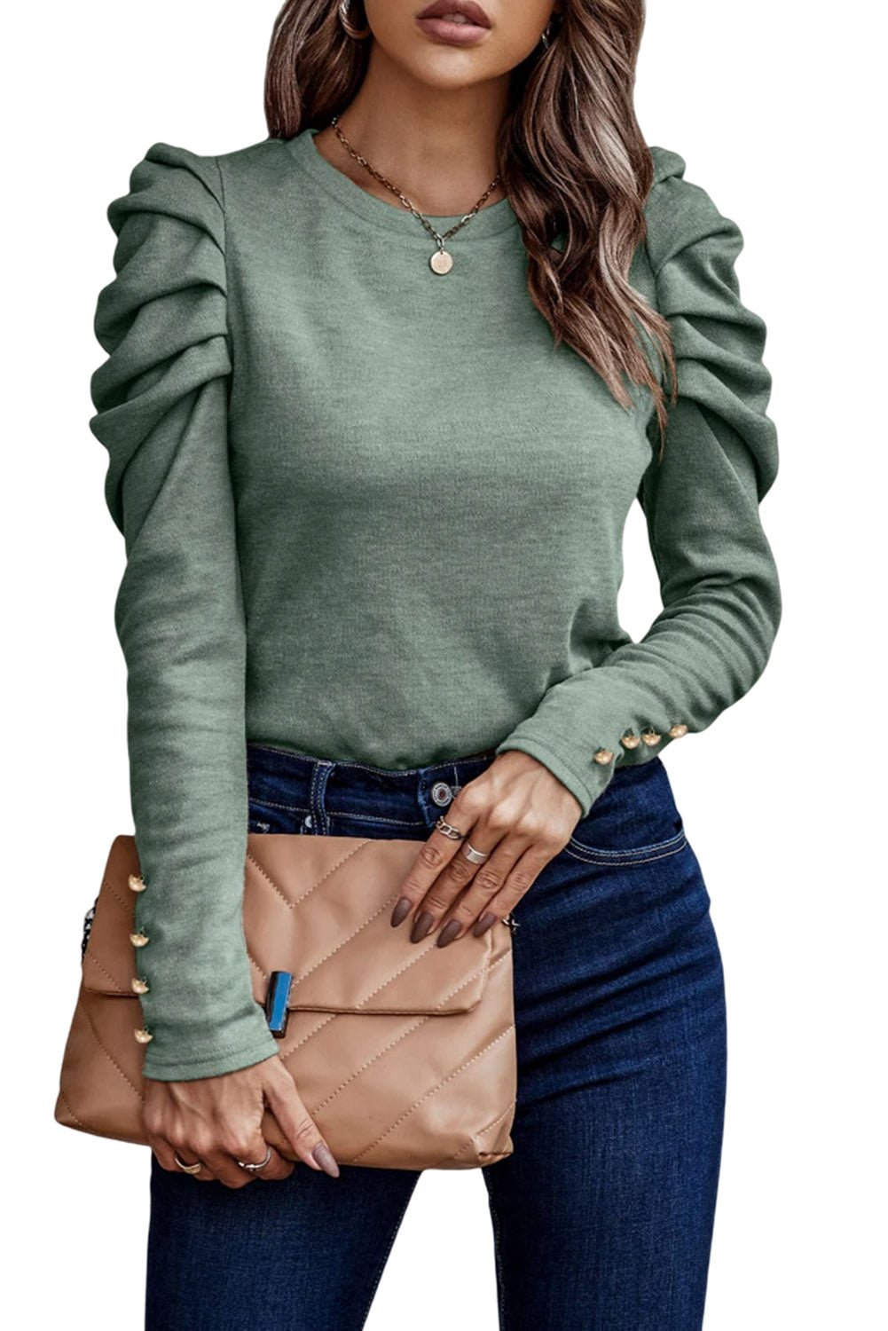 Green Buttoned Puff Long Sleeve Sheath Top - Blu Pepper Boutique