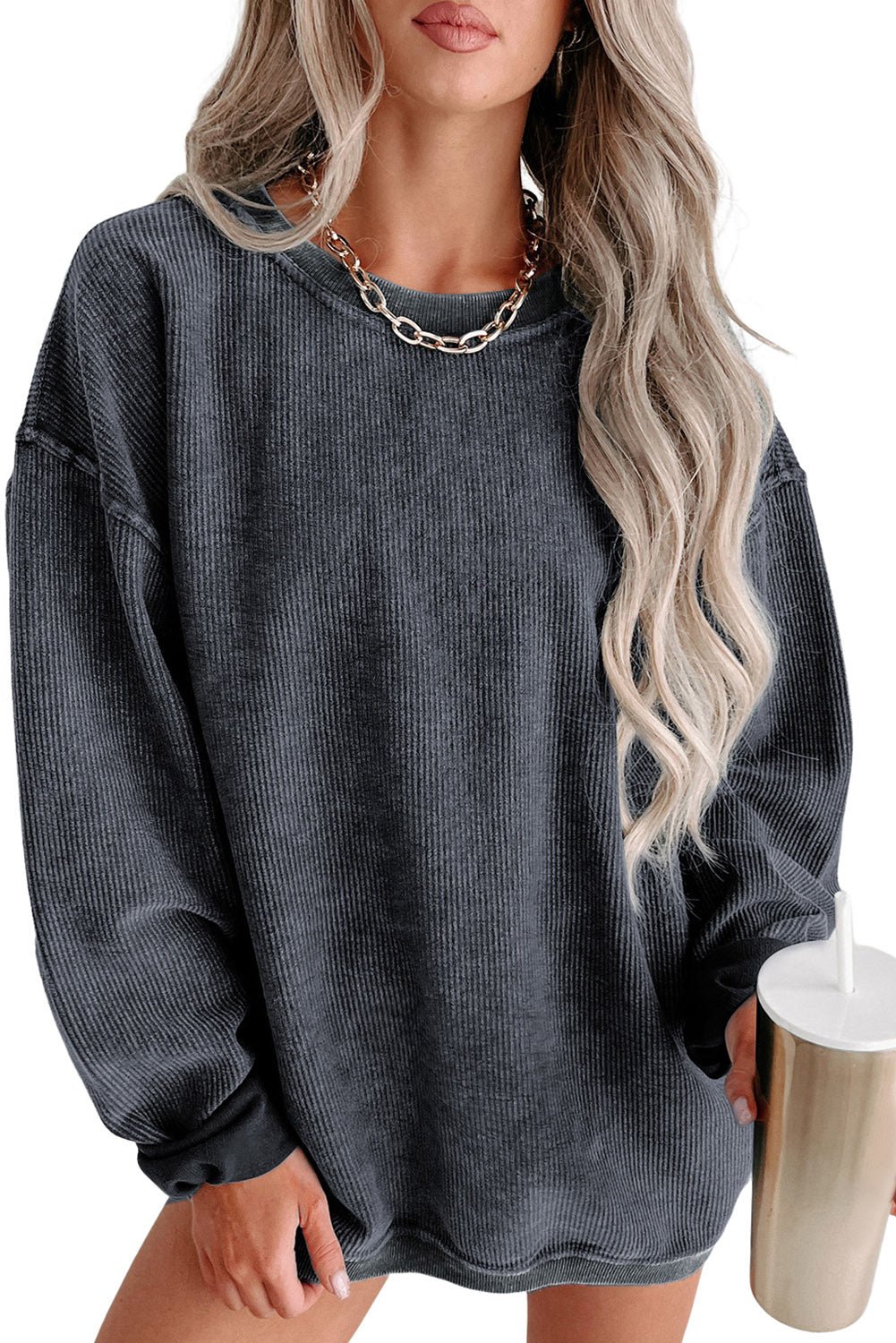 Gray Solid Ribbed Knit Round Neck Pullover Sweatshirt - Blu Pepper Boutique