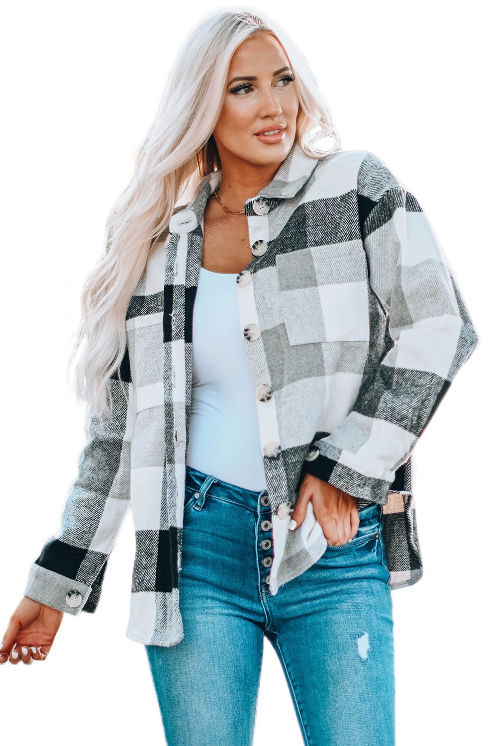 Gray Plaid Color Block Buttoned Long Sleeve Jacket with Pocket - Blu Pepper Boutique
