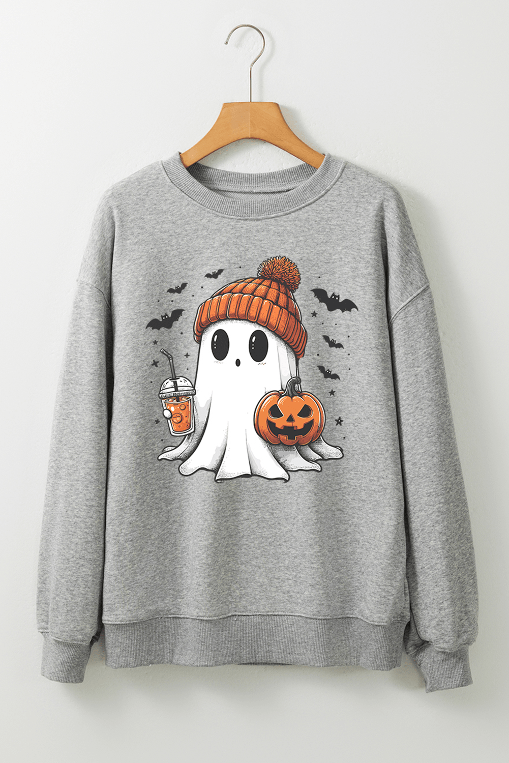 Gray Halloween Ghost Print Crewneck Drop Shoulder Sweatshirt - Blu Pepper Boutique