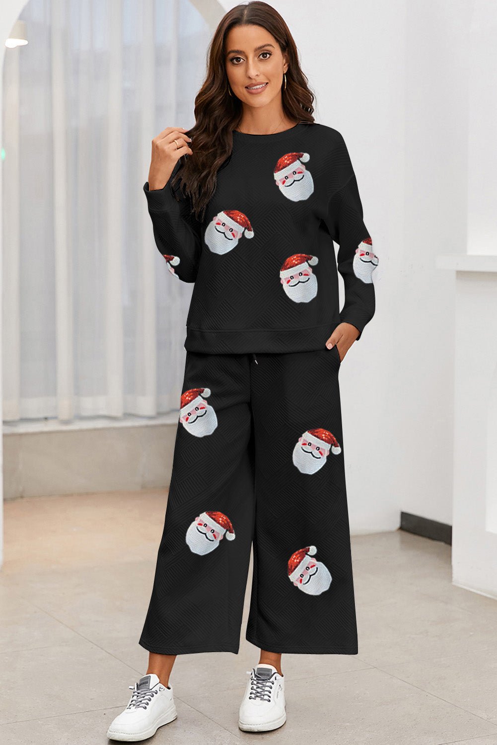 Black Christmas Santa Clause Print Textured Pants Set - Blu Pepper Boutique