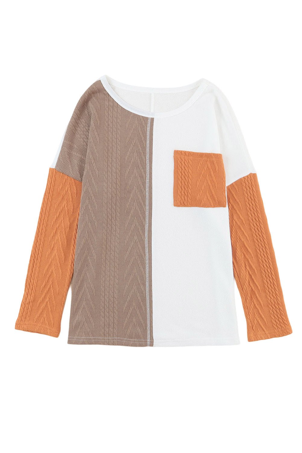 Orange Long Sleeve Colorblock Chest Pocket Textured Knit Top - Blu Pepper Boutique