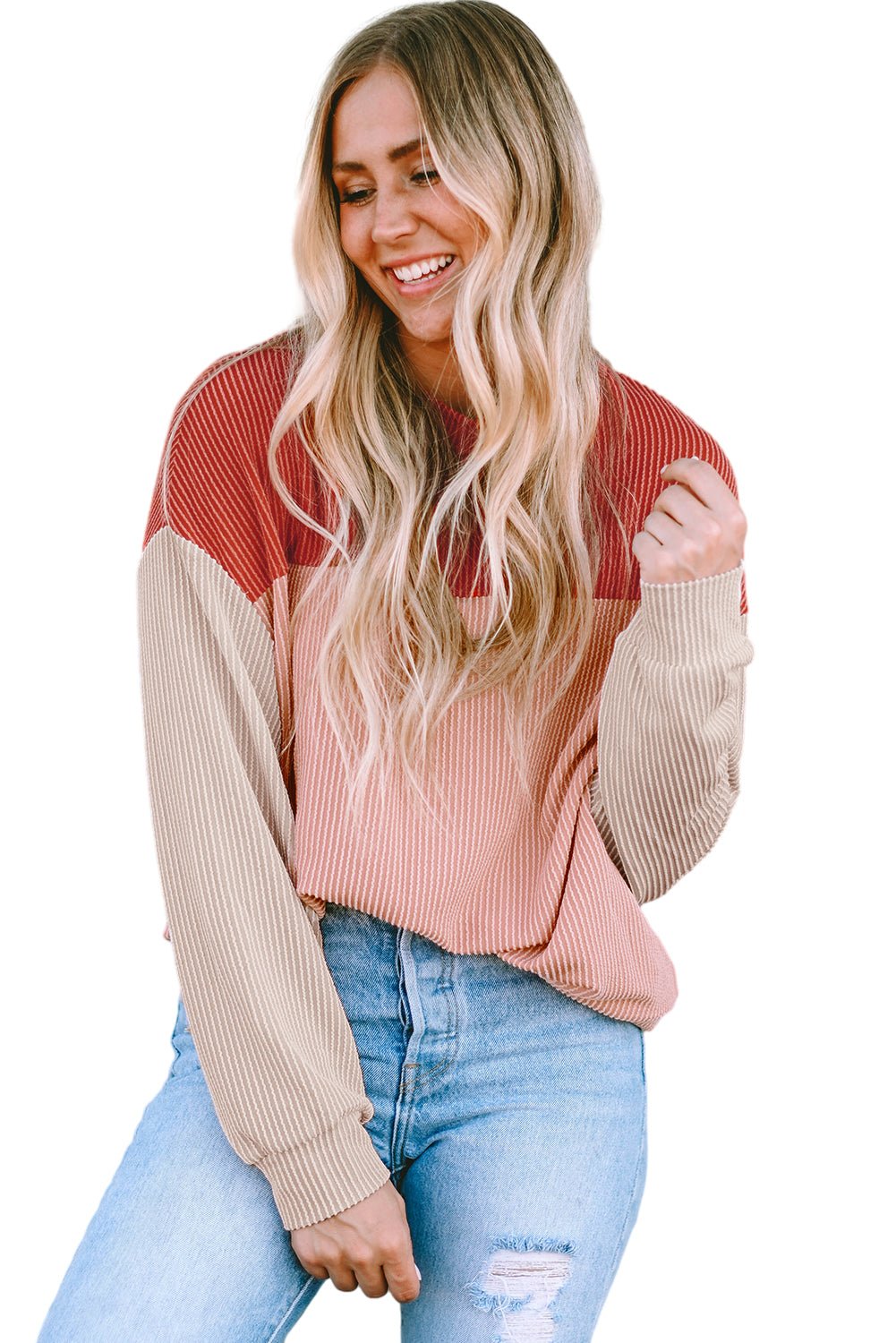 Red Color Block Long Sleeve Ribbed Loose Top - Blu Pepper Boutique