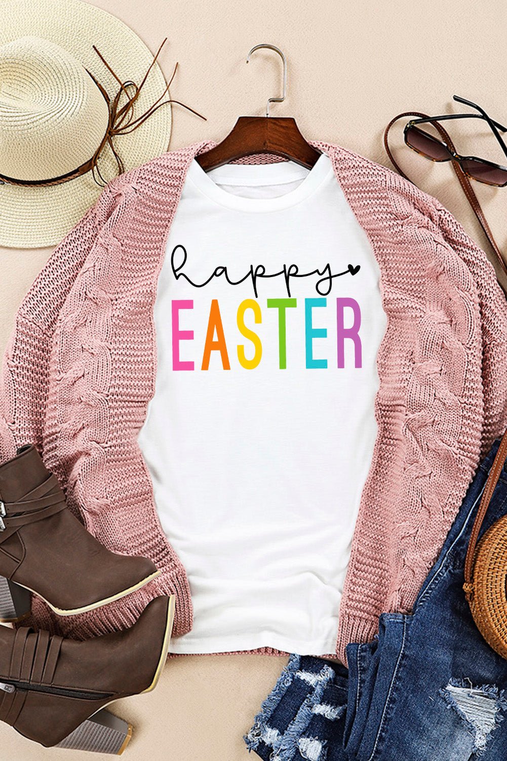 White Happy EASTER Round Neck Graphic Tee - Blu Pepper Boutique