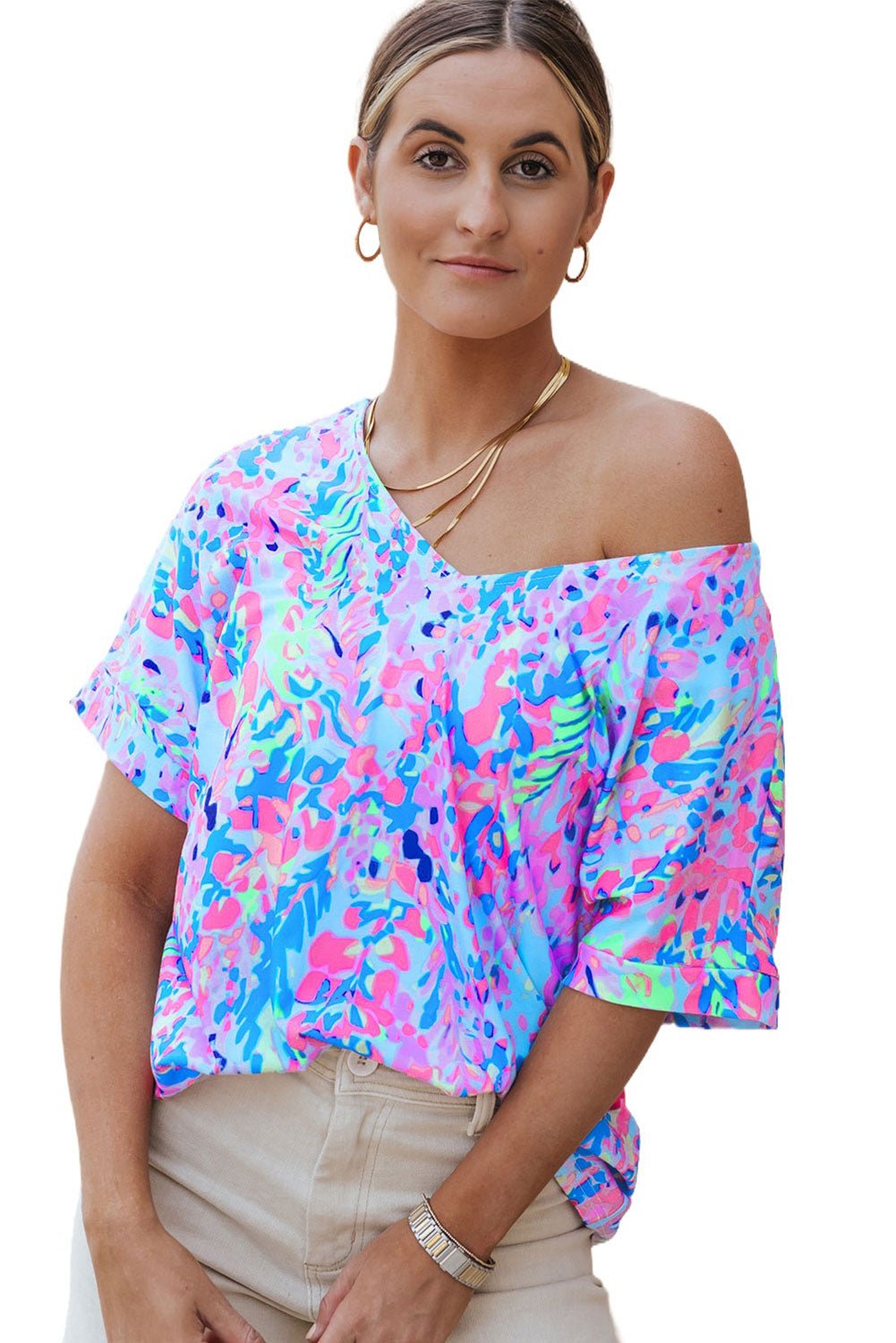 Sky Blue Loose Painted Floral Tee - Blu Pepper Boutique