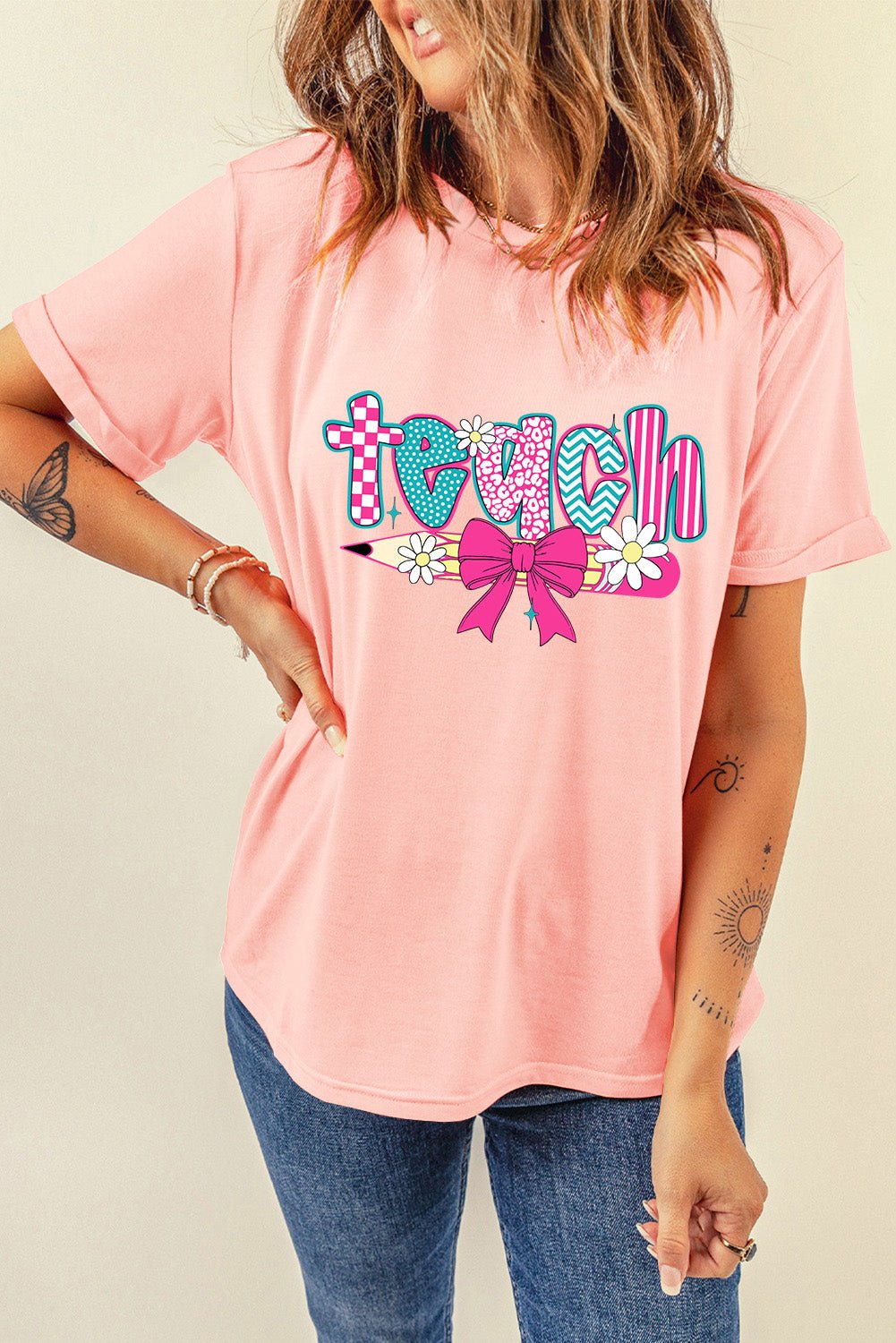 Pink Preppy Retro Checkered Coquette Teach Graphic T-Shirt - Blu Pepper Boutique